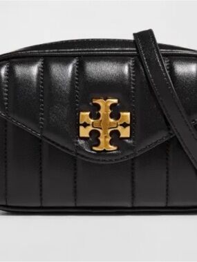 Tory Burch Black Quilted Leather Crossbody with Gold Logo